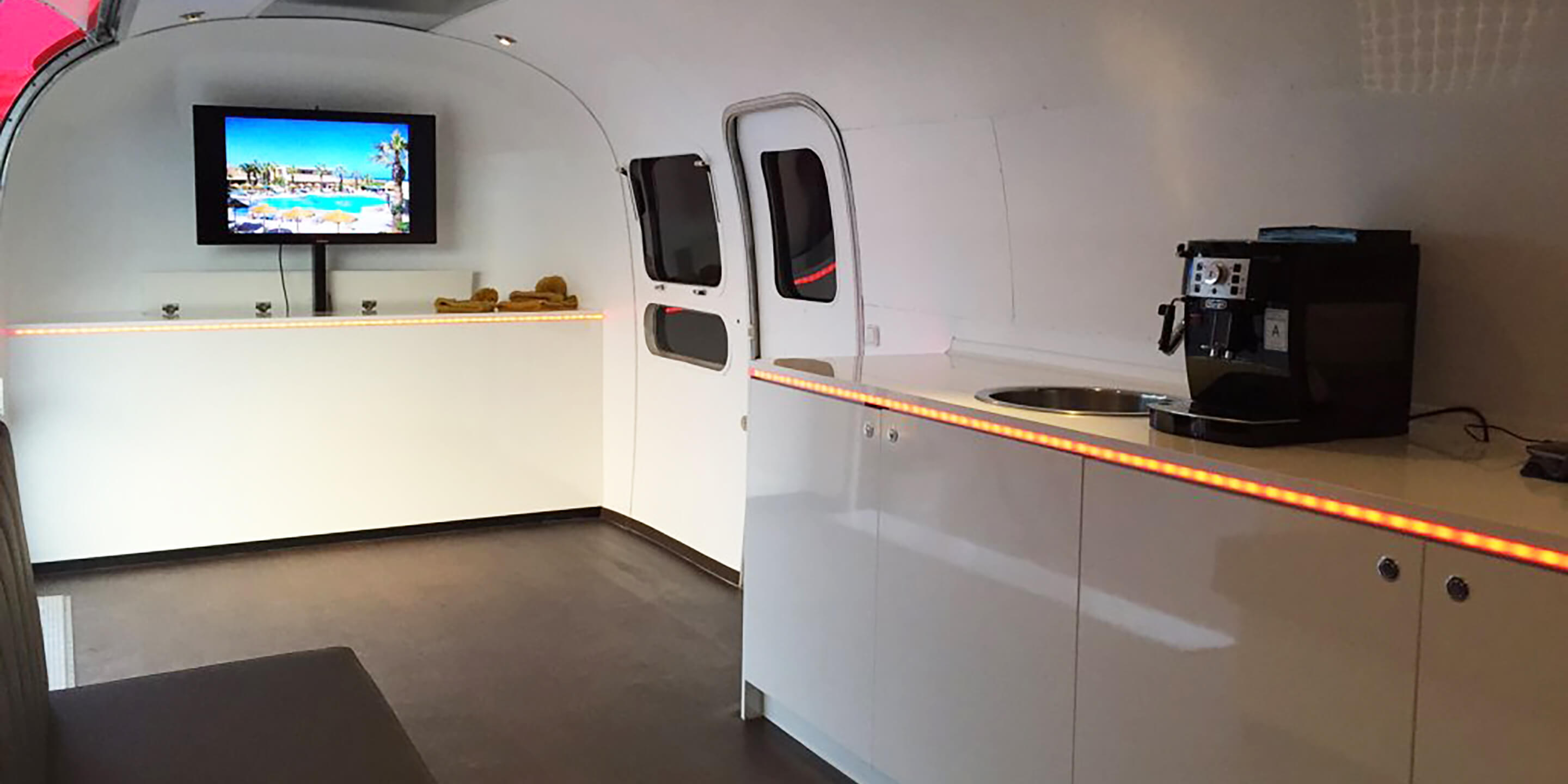 Interior of the Airstream exhibition trailer available for event hire and promotional campaigns
