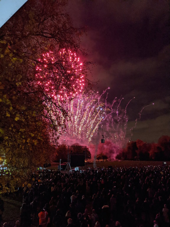 View of Battersea Park fireworks from Huawei Impact Premium event shipping container 