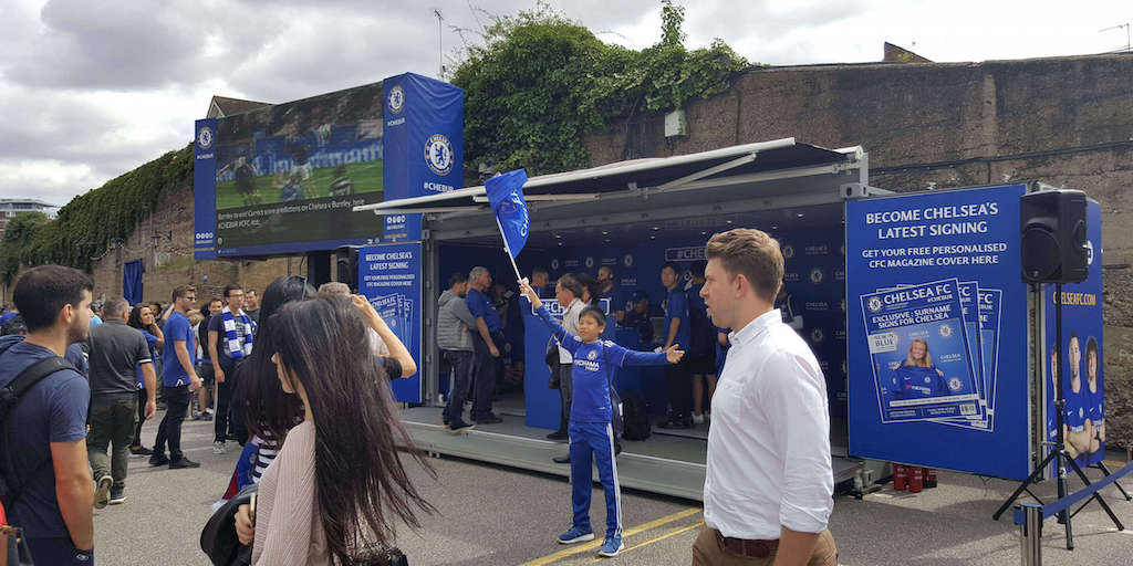 Studio Premium shipping container conversion pop-up fan site for Chelsea Football Club 