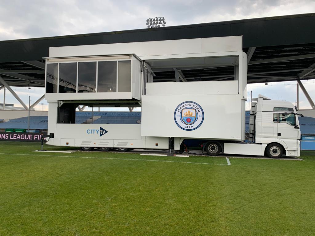 Mobile Studio exhibition trailer with Manchester City and City TV branding set up at the Eithad Stadium 