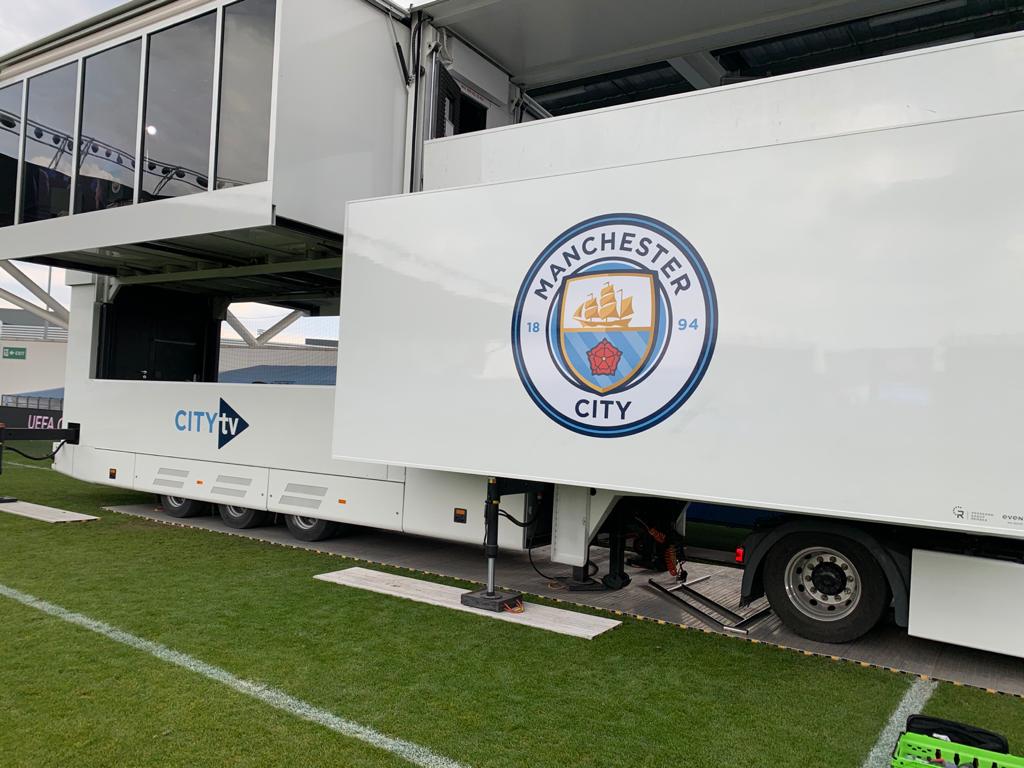 Mobile Studio exhibition trailer with Manchester City and City TV branding ahead of broadcasting live coverage of the UEFA Champions League Final