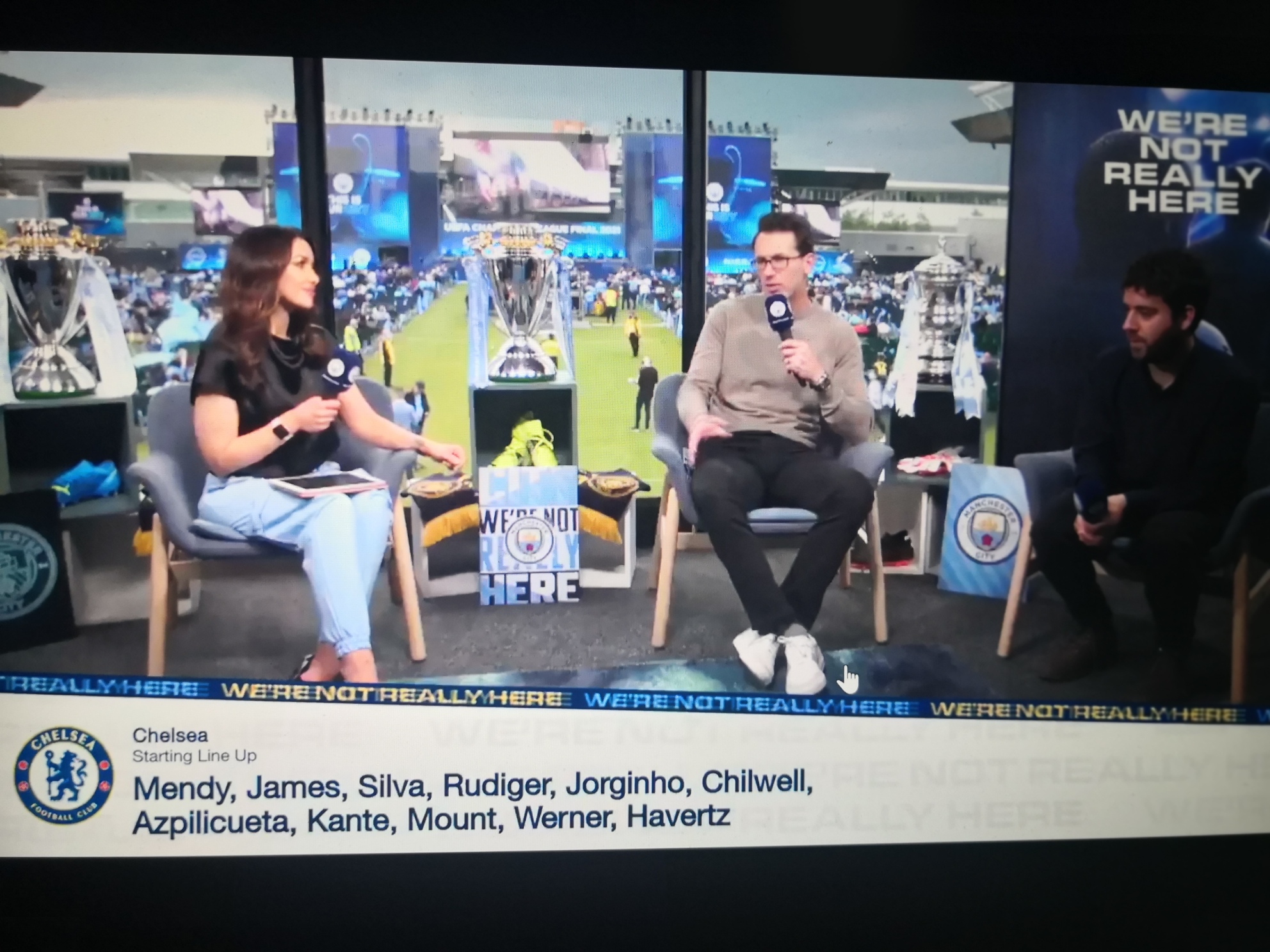 Screenshot of Manchester City's live coverage of the UEFA Champions League Final filmed in Mobile Studio exhibition trailer inside Eithad Stadium 