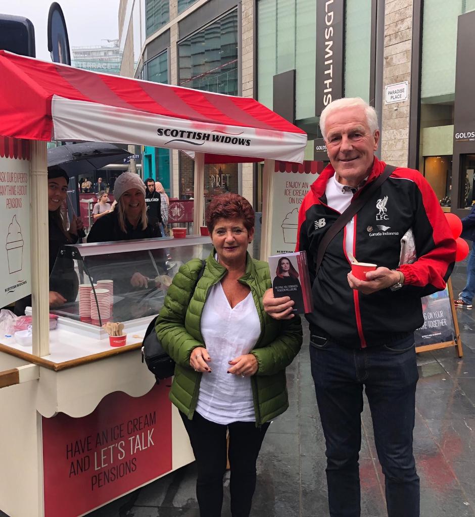scottish widows handing out free ice creams to customers visiting roadshow truck tour as part of pensions awareness day uk campaign