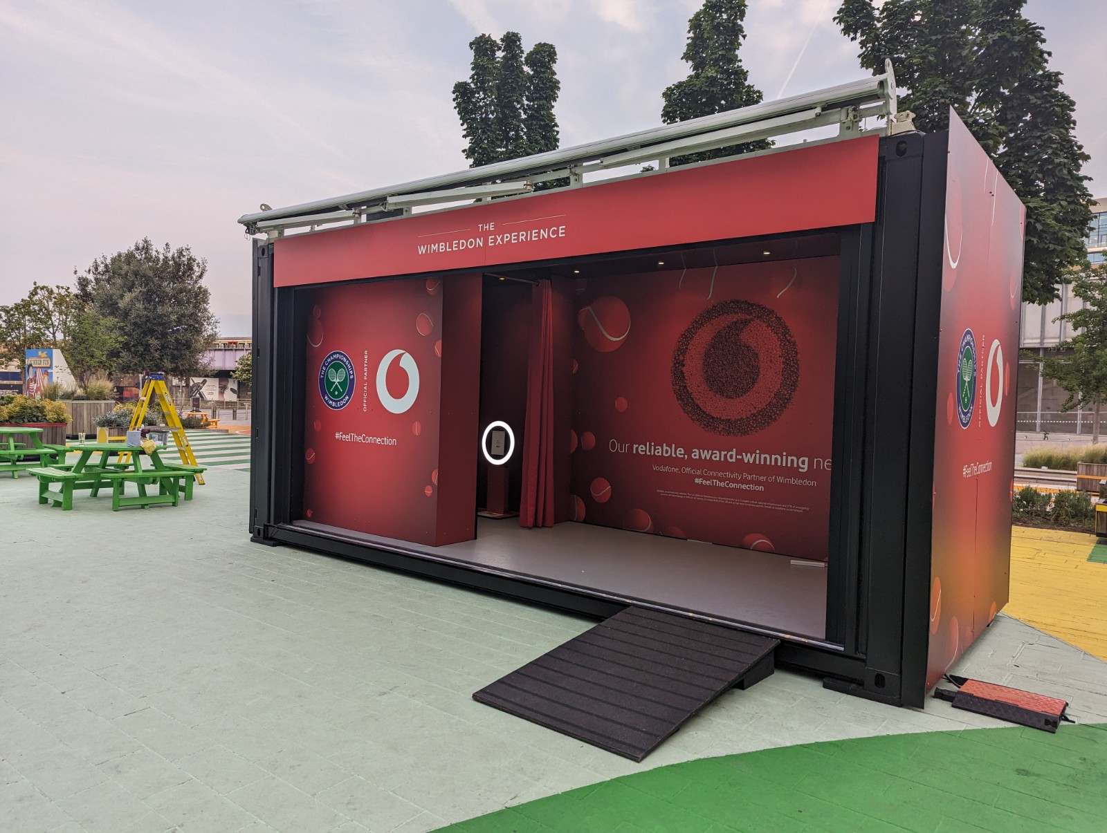The Event Structure Gallery Plus shipping container conversion brand activation branded for Vodafone Wimbledon campaign at Westfield w12 experience london photobooth for the championships