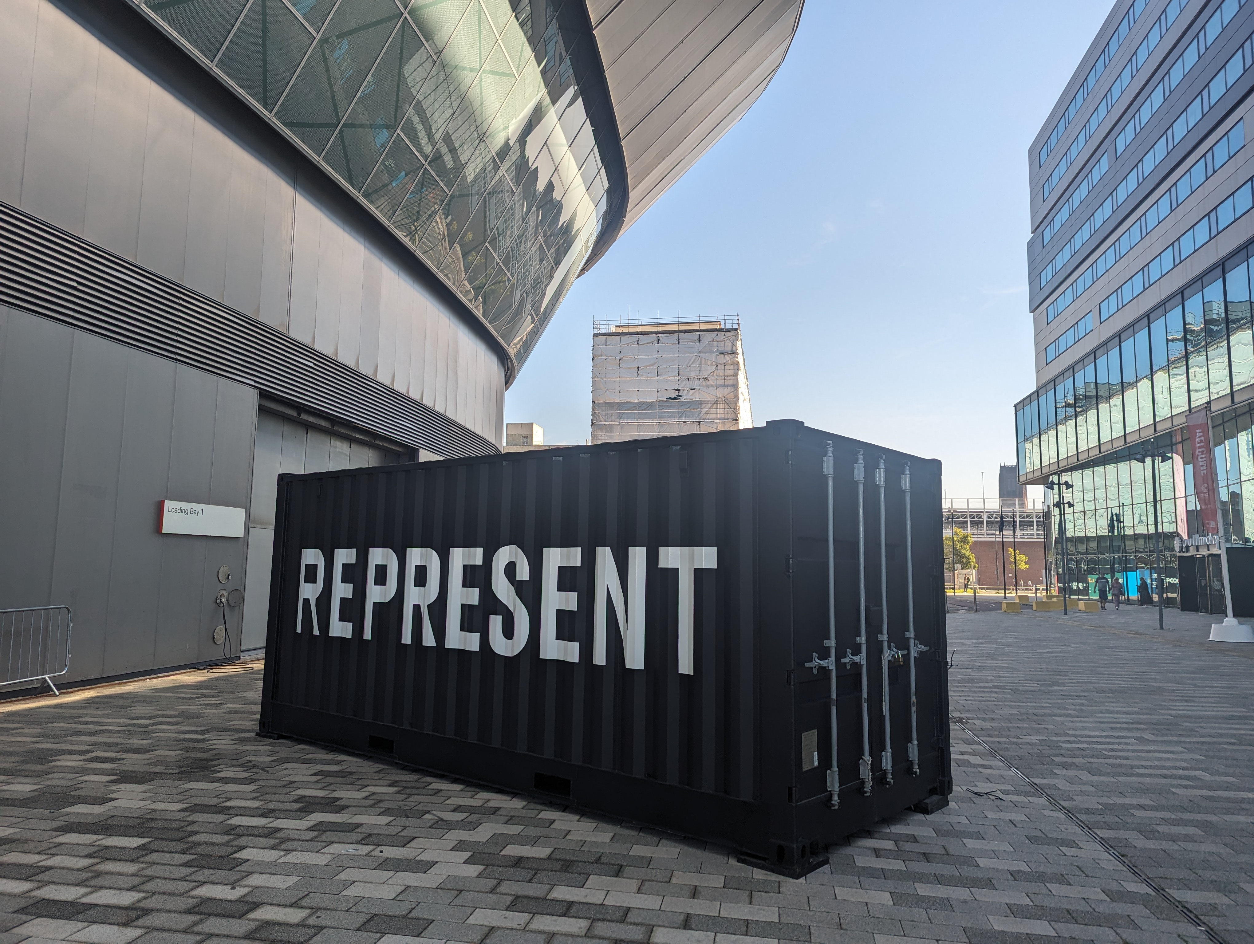 Represent Clothing branded pop-up retail unit shipping container conversion using The Event Structure Studio Premium customised container with cargo doors