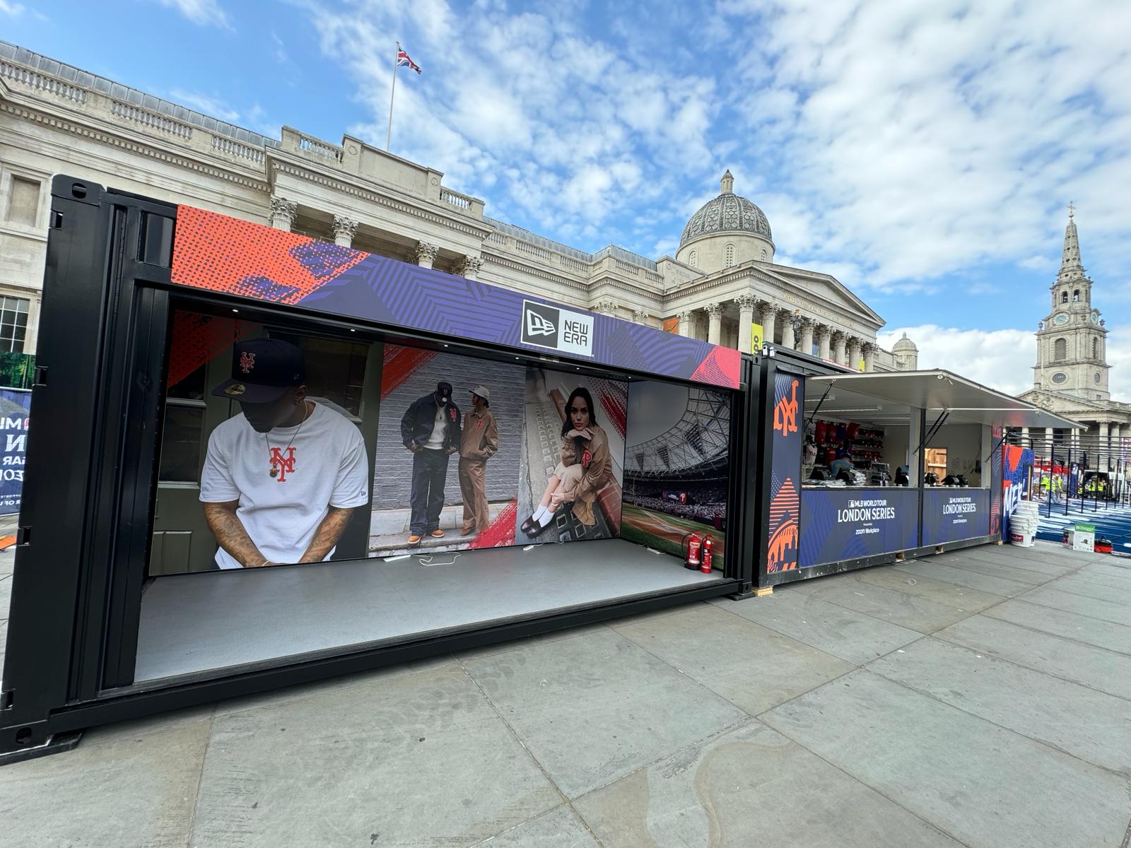 Several of The Event Structures shipping container products at MLB Trafalgar Square Takeover fan zone in London
