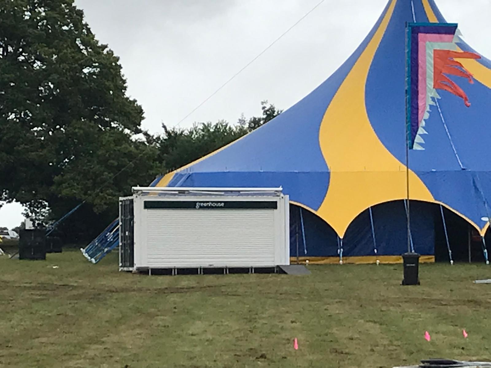 Greenhouse shipping container conversion exhibition stand at RecFest conference festival for teachers, activation pictured with shutter down pre-event
