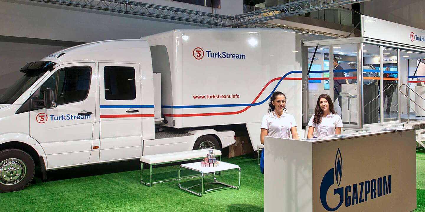 Warrior exhibition trailer on roadshow truck tour with Turk Stream