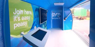 Inside exhibition trailer Explorer promotional vehicle for The Gym Group awareness tour interior