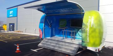 Exhibition trailers Explorer promotional vehicle for The Gym Group awareness tour on location