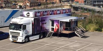 Birds-eye view of exhibition trailer Momentum on roadshow truck tour with Stone Group