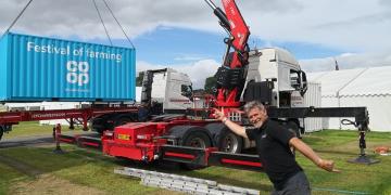 Unloading event shipping container for Co-Op Festival of Farming brand activation at Royal Welsh Show