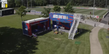 Birdseye view of Statement customised container at St George's Park England camp for Euros 2020 lions den social media coverage