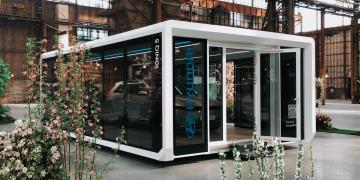 Exhibition unit Expandable Panoramic mobile showroom on location with Hyundai showcasing their latest car vehicle IONIQ 5