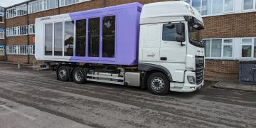 Expandable vista mobile showroom exhibition trailer roadshow truck at media city manchester salford quays with samsung