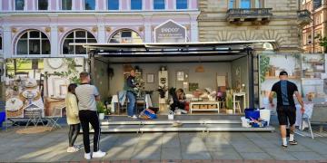 The Event Structure Studio Premium shipping container conversion with cargo doors in St Annes Square Manchester with Poundland for PR stunt to advertise Pepco new home range