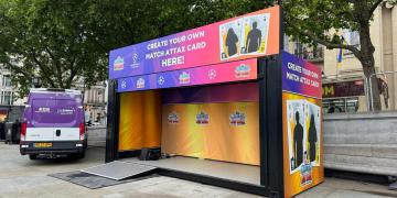 Topps Match Attax UEFA champions festival shipping container brand activation for experiential marketing campaign to make personalised match attax cards at sporting event