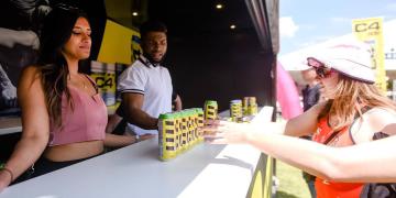 interior of container bar showing service counter and preparation area during event