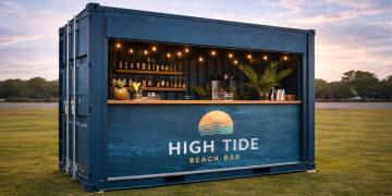 festival bar hire using 20ft container bar with beach themed event setup