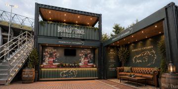 L shaped container bar hire at sporting event with high capacity drinks service